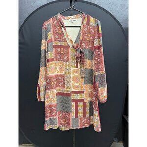 DR2 Daniel Rainn Multicolor Paisley Patch Front Tie Long Sleeve Dress
